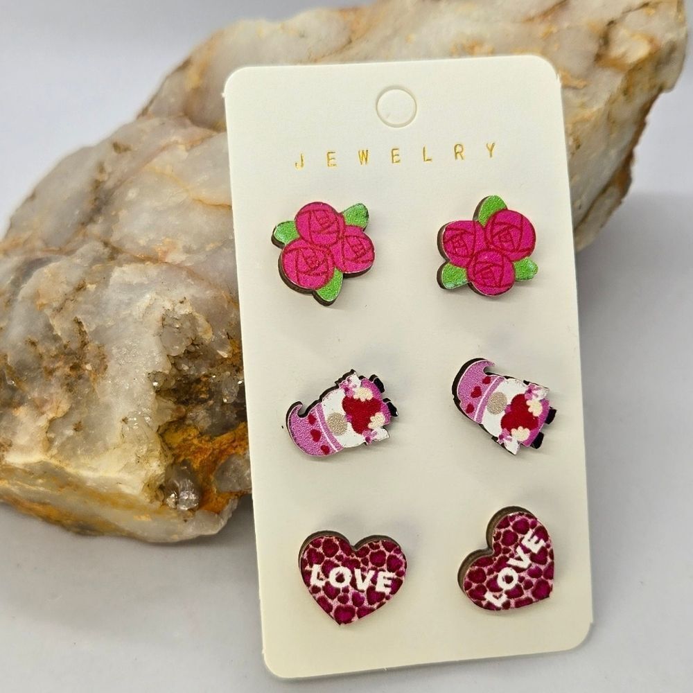 Wooden Stud Earrings 3-Pack | Roses, Gnome & Heart Love Jewelry NWT Valentine